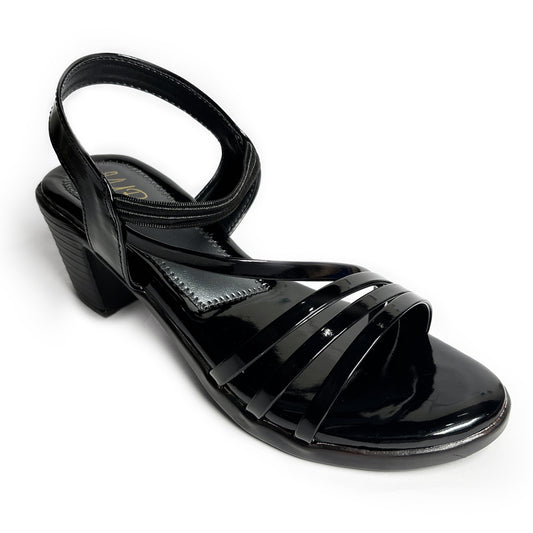 Women Glossy Faux Leather 2.5-Inch Block Heel Sandals | Black | Aks