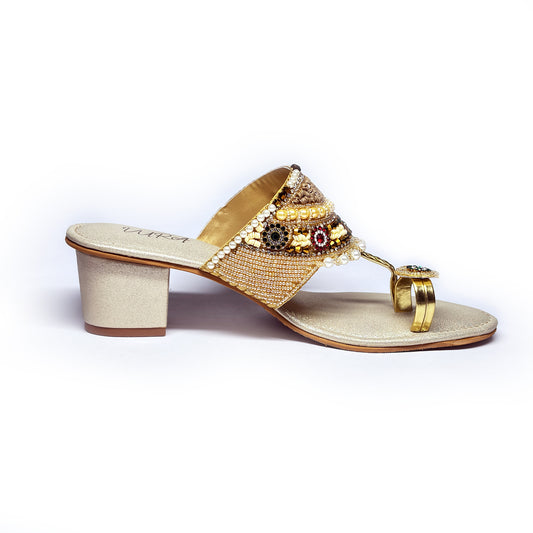 Women Beaded Kolhapuri Heels | Festive | Gold | Vira