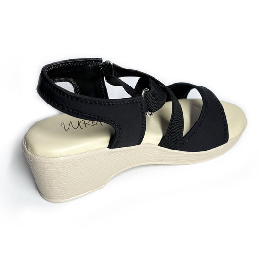 Women Elastic Criss-Cross Strap Wedge Sandals | Black | Aany