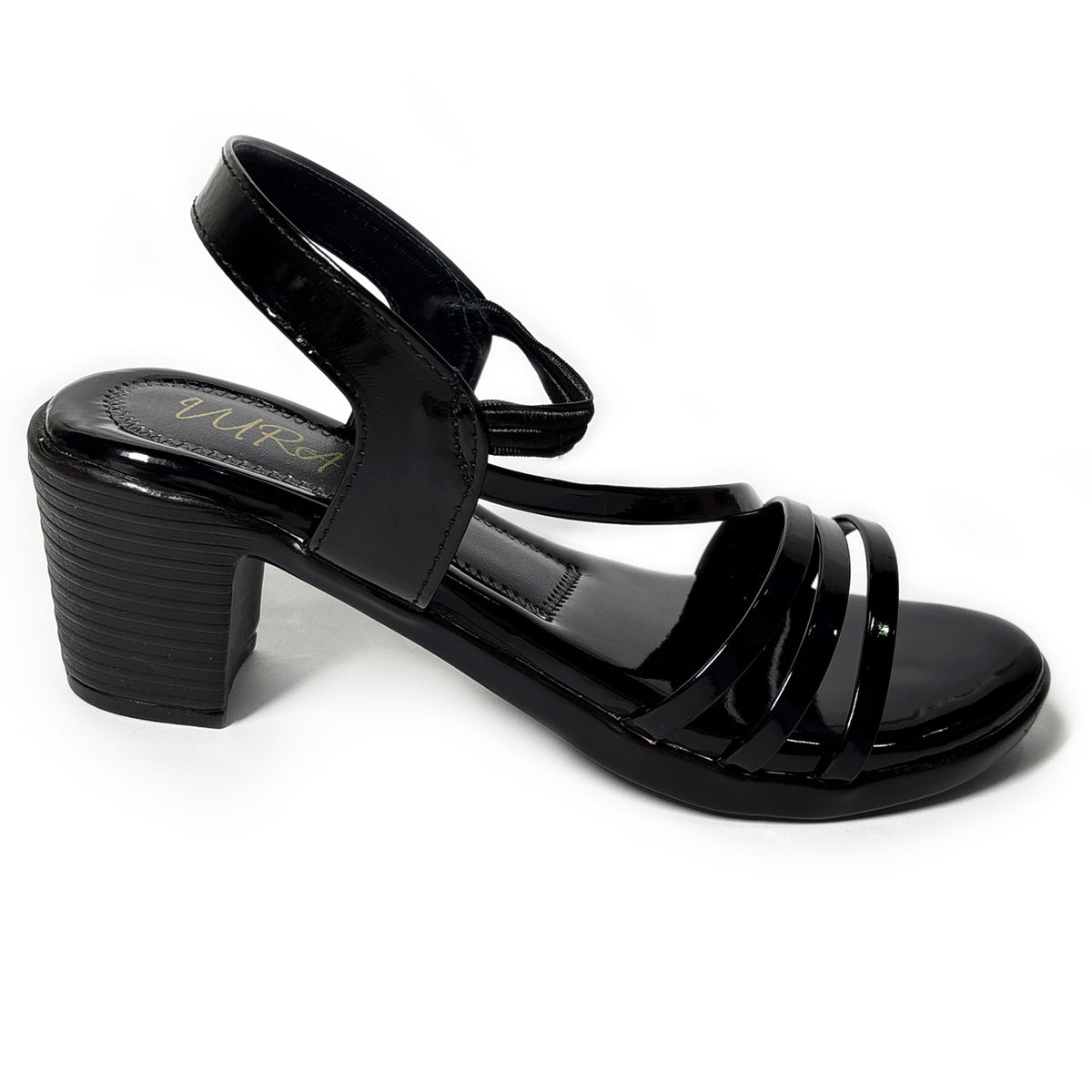 Women Glossy Faux Leather 2.5-Inch Block Heel Sandals | Black | Aks
