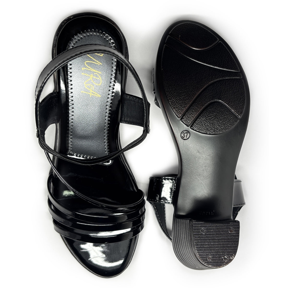 Women Glossy Faux Leather 2.5-Inch Block Heel Sandals | Black | Aks