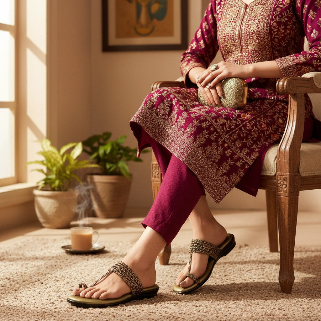 Women Faux Leather Toe-Ring Kolhapuri | Gold | Rish