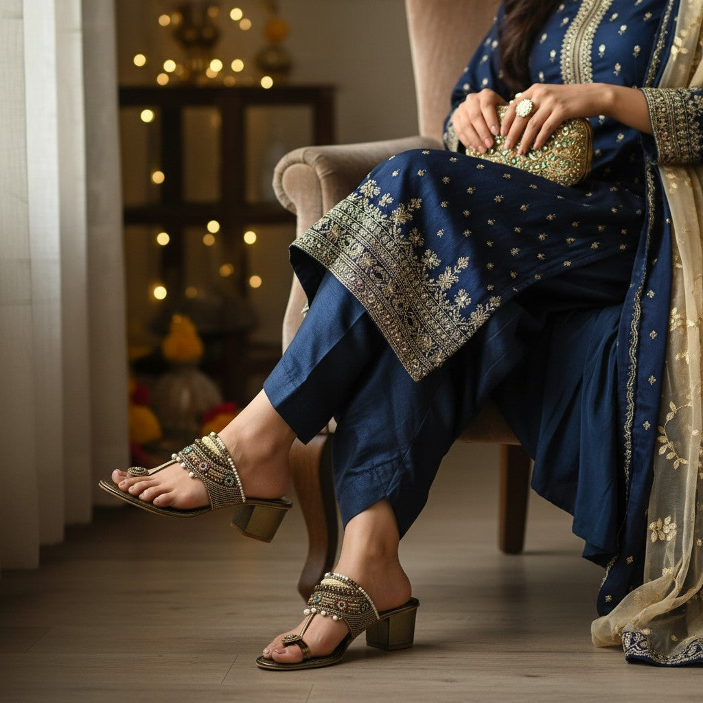 Women Beaded Kolhapuri Heels | Antique | Vira