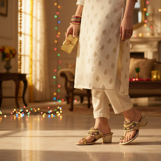 Women Beaded Kolhapuri Heels | Festive | Gold | Vira