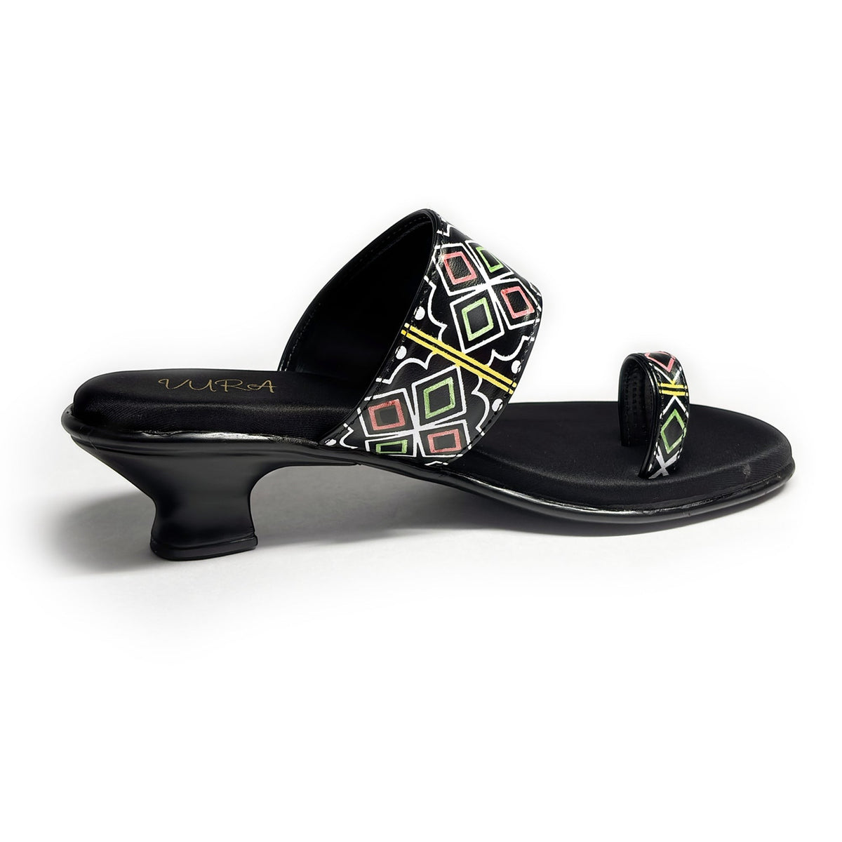 VURA Aly black kitten heel sandals with a geometric diamond pattern on the strap and a comfortable toe loop design.