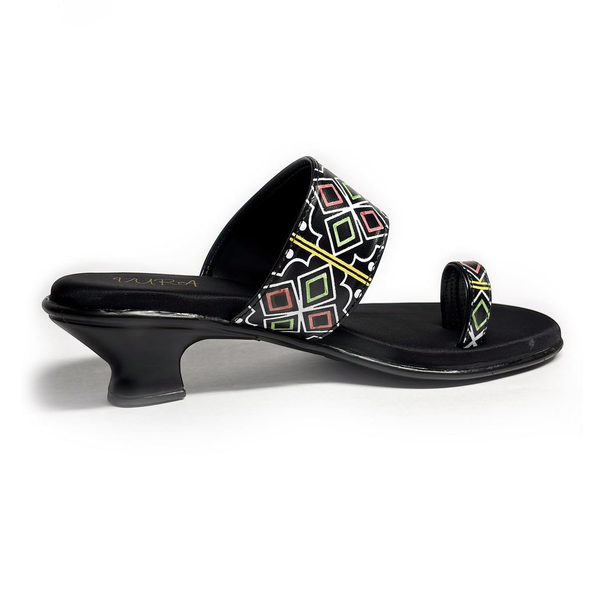 VURA Aly black kitten heel sandals with a toe ring and geometric multi-colored pattern on the strap
